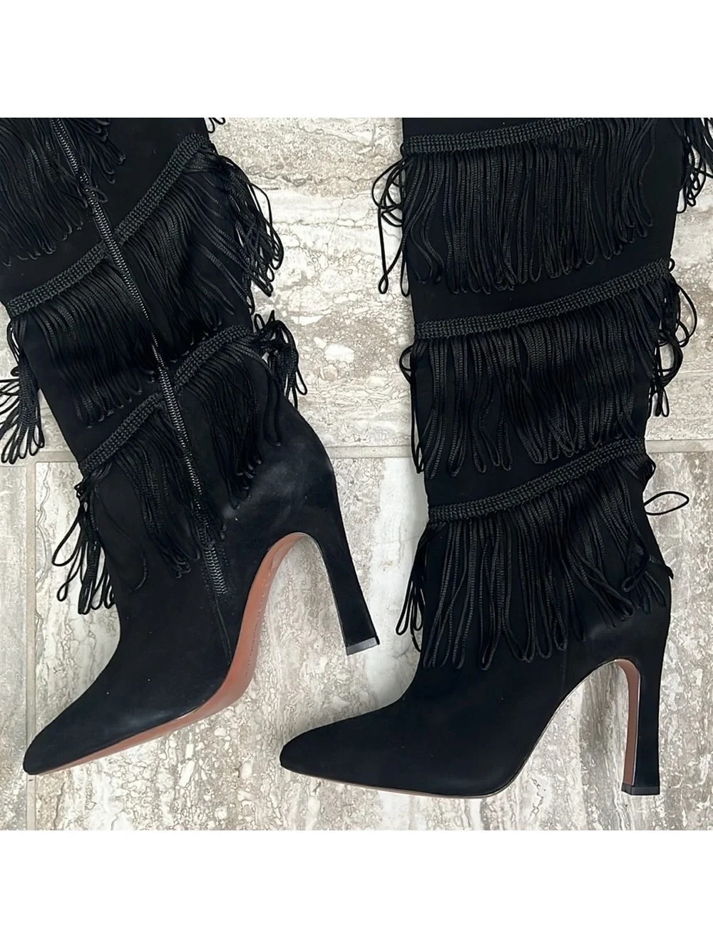BCBGMaxazria Suede Fringe Heeled Boots, Black Size 7.5 New w/o Box Retail $499
